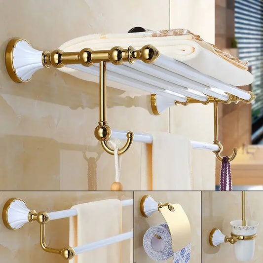 Ornate gold and white ceramic bathroom towel rack with detailed design from decorbites bathroom accessories set