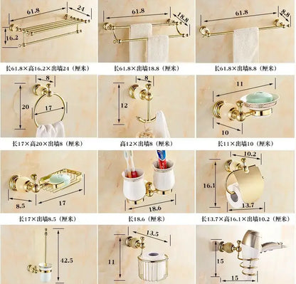 Ornate gold and white ceramic brass jade bathroom hardware set with polished metal and elegant curves by decorbites brass jade