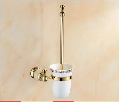 Ornate gold and white ceramic toilet brush holder with brass trim from decorbites brass jade bathroom hardware set