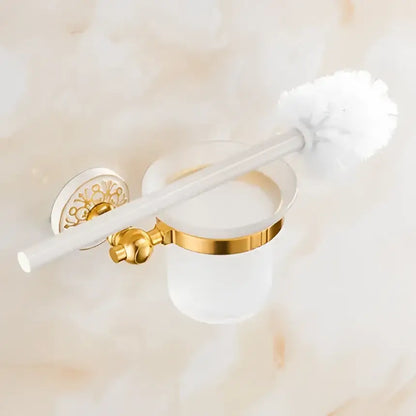Ornate gold and white floral bathroom accessories set with gold-accented toilet brush holder frosted glass cup decorbites bathroom accessories