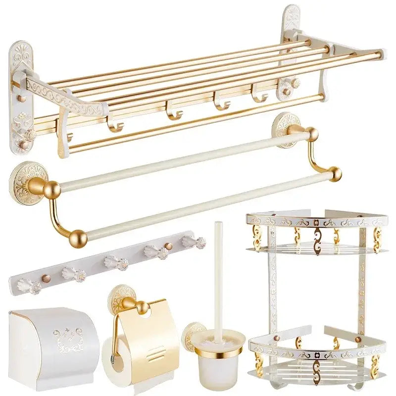 Ornate gold and white floral bathroom accessories set with decorative patterns by decorbites bathroom accessories
