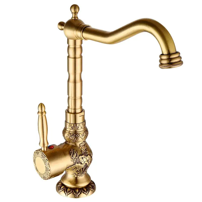 Ornate golden brass carved bathroom faucet with brass finish and floral engraving for decorbites brass carved decor