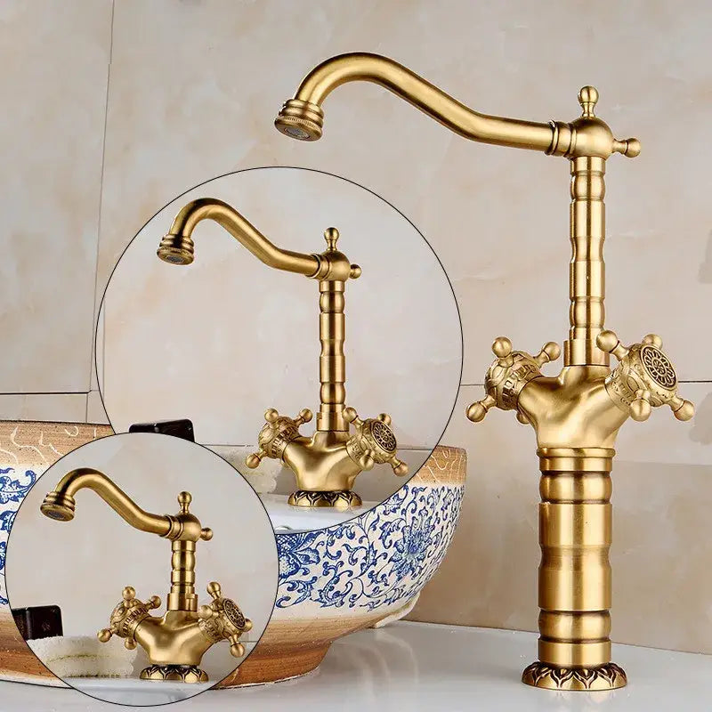 Ornate golden brass carved bathroom faucet with brass finished vintage style and cross handles decorbites brass carved