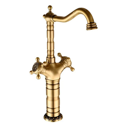 Antique brass-finished ornate golden brass carved bathroom faucet with dual handles for hot and cold mixer tap decorbites brass carved