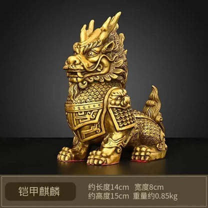 Ornate golden brass chinese guardian lion statue with intricate scales and armor detailing for copper unicorn ornaments