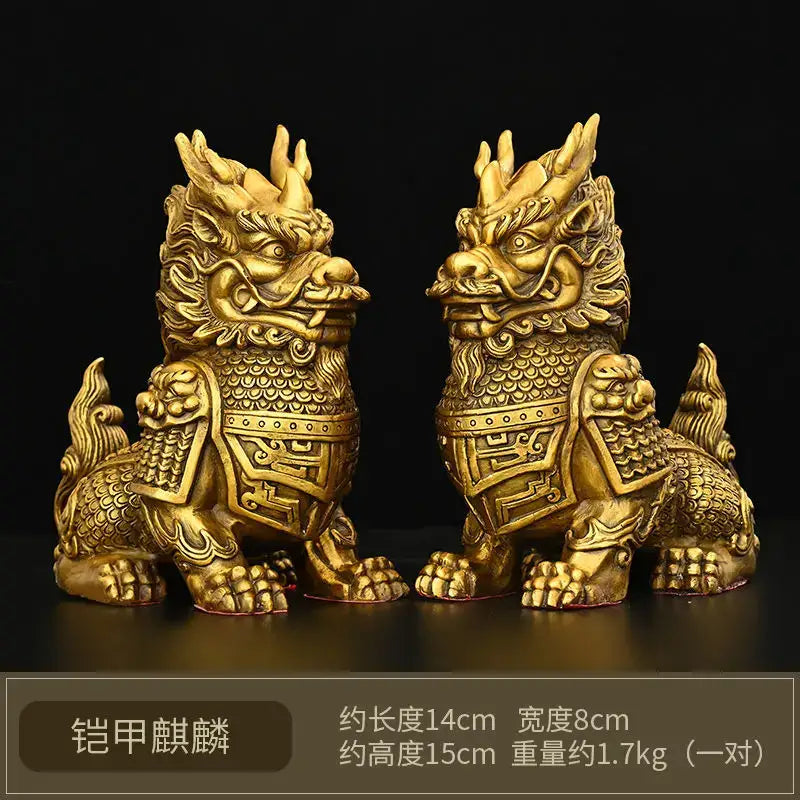 Ornate golden brass chinese guardian lion statues with intricate scales featured as copper unicorn ornaments for living rooms