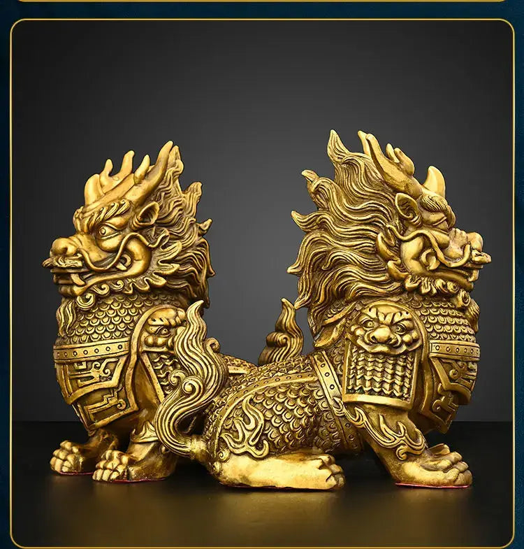 Ornate golden brass chinese guardian lion statues with intricate scales and armor detailing for living room decor copper unicorn ornaments
