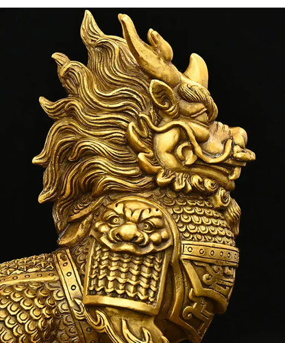 Ornate golden brass chinese guardian lion statue with intricate scales and armor detailing as copper unicorn ornaments for living room