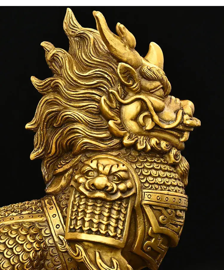 Ornate golden brass chinese guardian lion statue with intricate scales and armor detailing as copper unicorn ornaments for living room