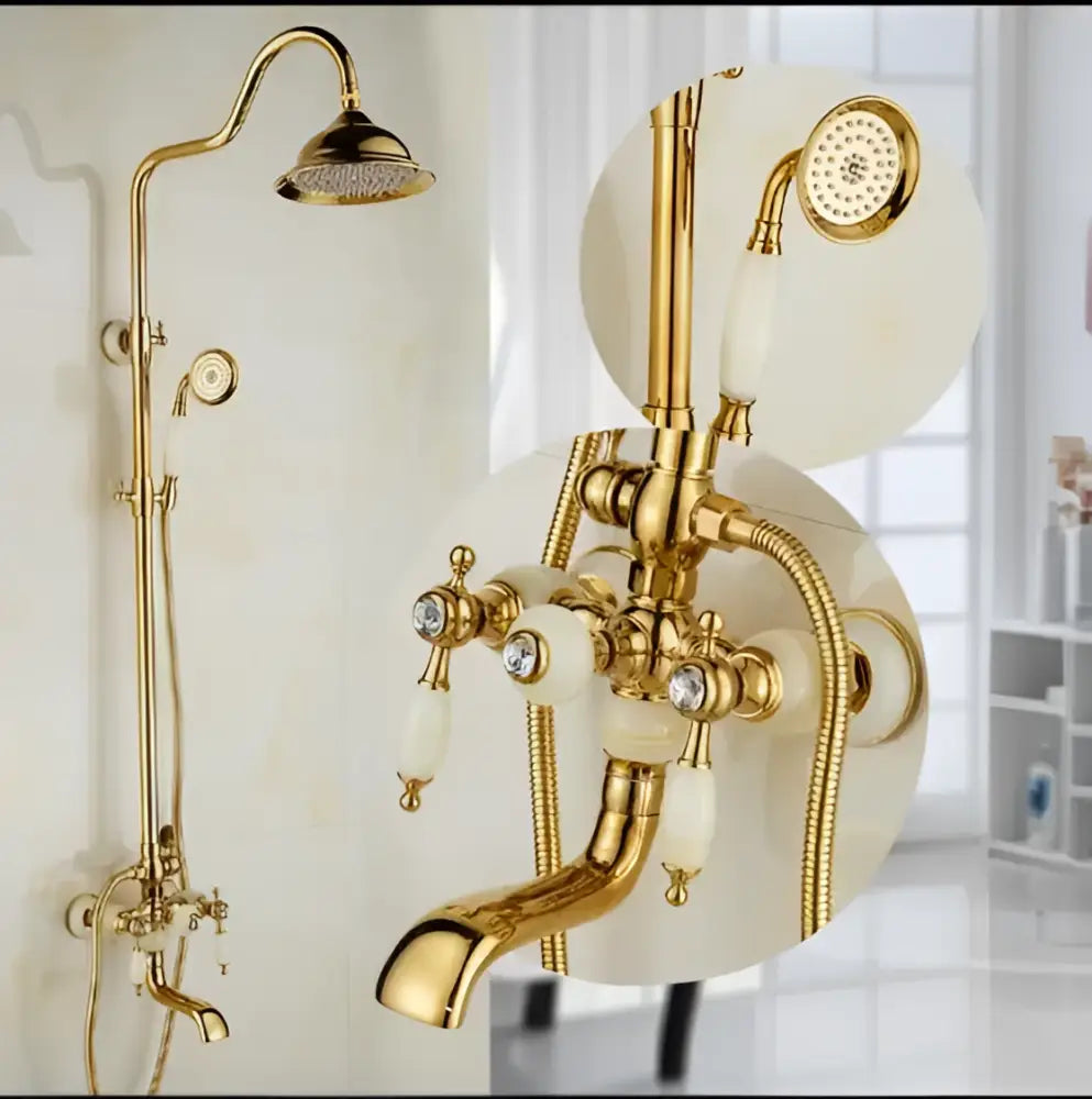 Ornate golden brass bath shower set with jade handles and crystal knobs featuring a tall overhead rainhead