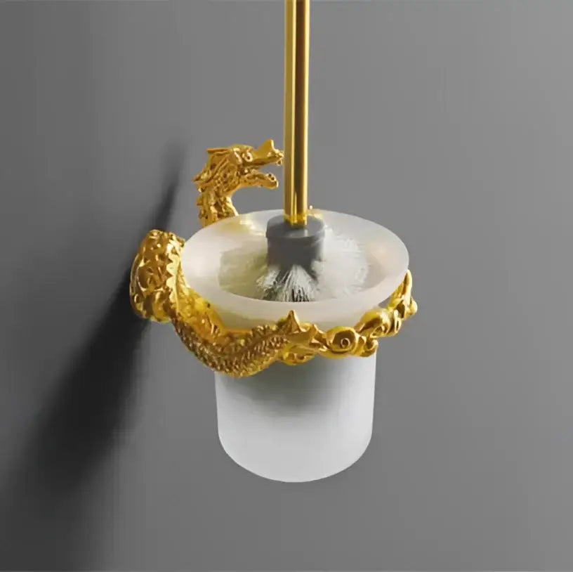 Ornate golden dragon bathroom hardware set featuring a gold dragon toilet brush holder with frosted glass base