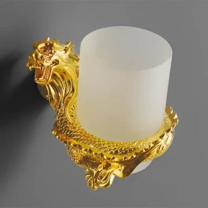 Ornate golden dragon bathroom hardware set featuring a wall-mounted toothbrush holder with frosted white ceramic cup