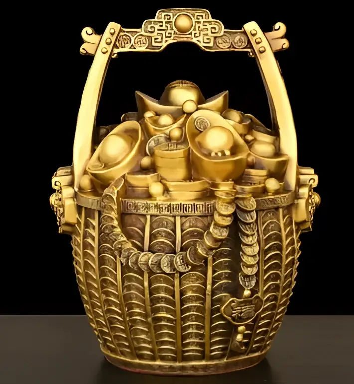Ornate golden lattice copper treasure bowl money jar with intricate woven design and decorative handles for living room decor