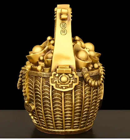 Ornate golden lattice copper treasure bowl money jar featuring intricate woven patterns and decorative handle decorbites copper treasure