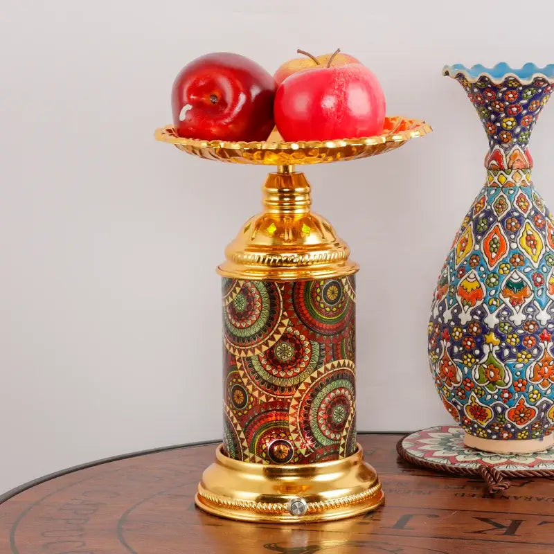 Ornate golden mosaic platter desk lamp with intricate red green and brown circular patterns for decorbites fruit platter use