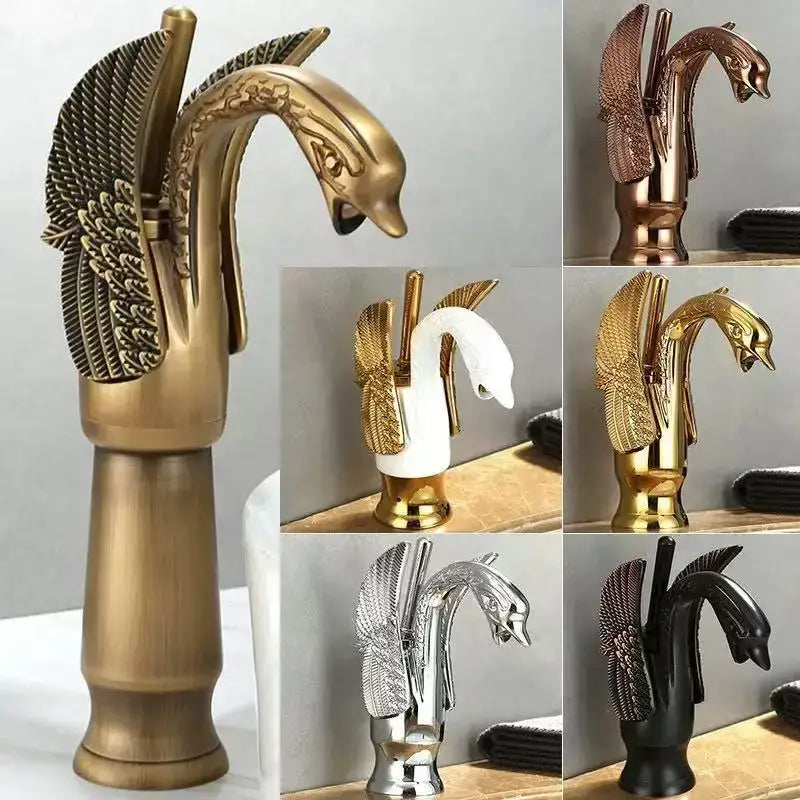 Ornate golden swan solid brass basin faucet with ceramic valve core and detailed feathered wings for bathroom use