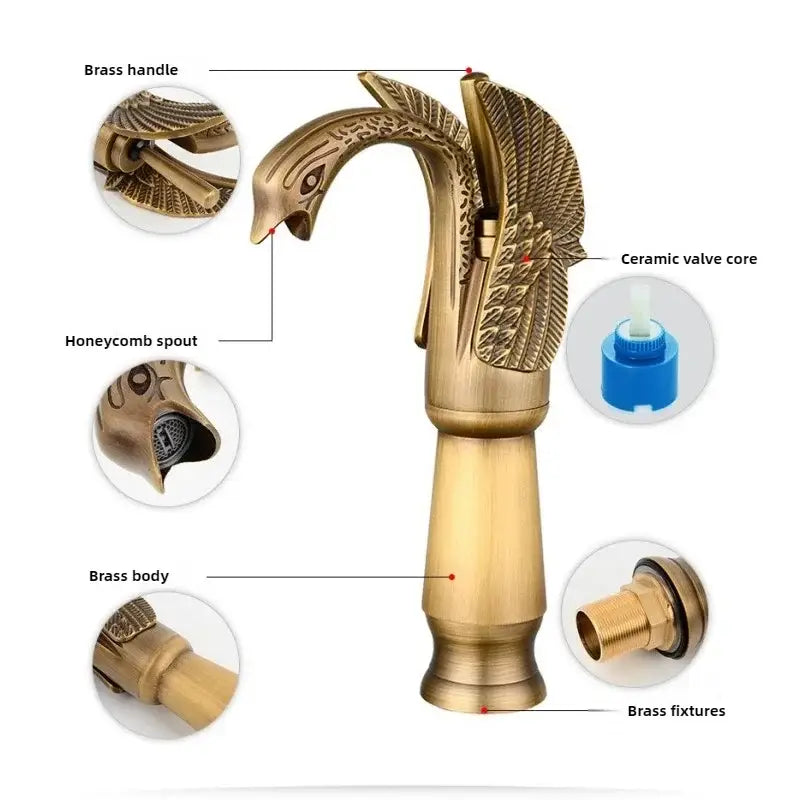 Ornate golden solid brass basin faucet shaped like a swan with detailed feathered wings and ceramic valve core