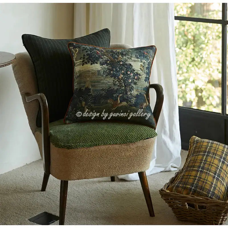 Dark green embroidered guvinci horse decorative cushion cover with detailed landscape scene and gold-toned trim for living room decor