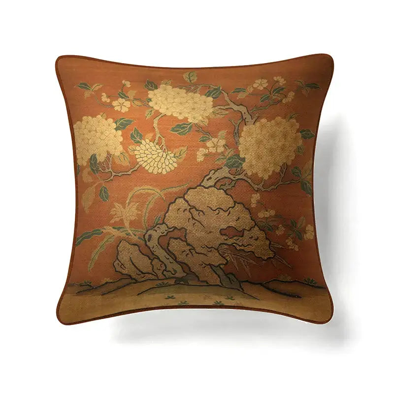 Ornate horse cream linen cushion cover with orchid toned embroidered golden hydrangeas for living room decorbites guvinci horse decorative