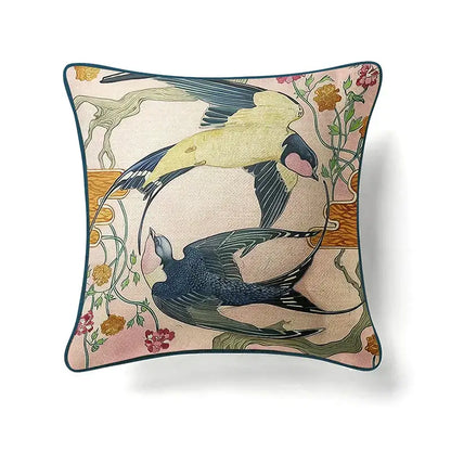 Ornate horse cream linen cushion cover with art nouveau swallows and floral vines on pink for guvinci horse decorative use