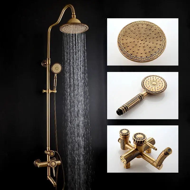 Brass-finished ornate shower faucet set with handheld in matte black for elegant bathroom installation