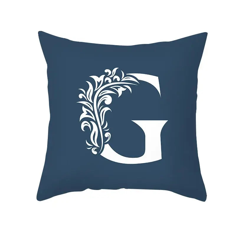 Ornate navy blue letter pillowcase with white floral initial g detail for living room decorbites blue letter pillowcase