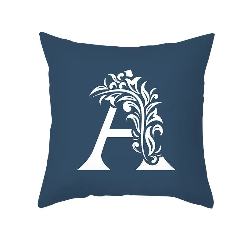 Ornate navy blue letter pillowcase with white floral letter a design decorbites blue letter cushion cover for living room decor