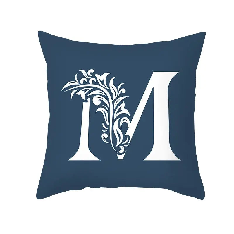 Ornate navy blue letter pillowcase with white floral monogram m decorbites blue letter pillow for living room decor