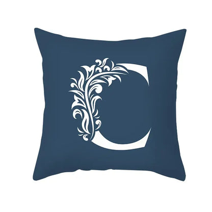 Ornate navy blue letter pillowcase featuring a white floral c design, perfect decorbites blue letter living room decorbites blue