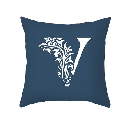 Ornate navy blue letter pillowcase with white letter v design for living room decorbites blue letter cushion cover