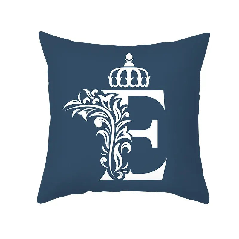 Navy blue decorbites blue letter pillowcase featuring white ornate letter e with crown design for living room decor