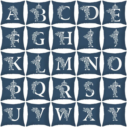 Navy blue cushion cover with white ornate letter and crown design decorbites blue letter pillowcase for living room decor