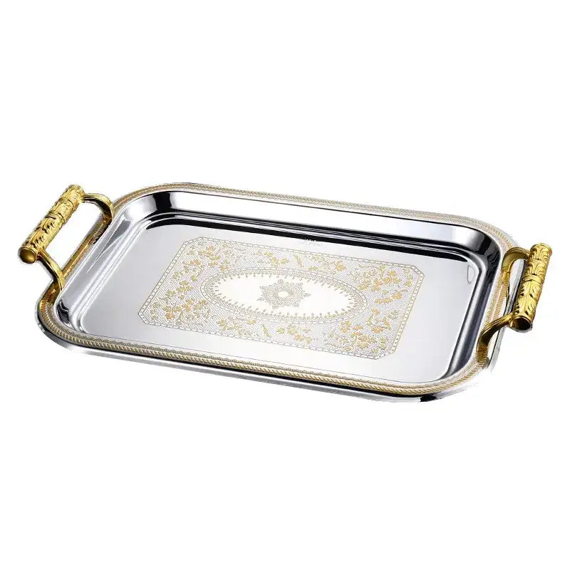 Rectangular silver serving tray with gold-toned handles and ornate floral pattern for decorbites ceramic animal display