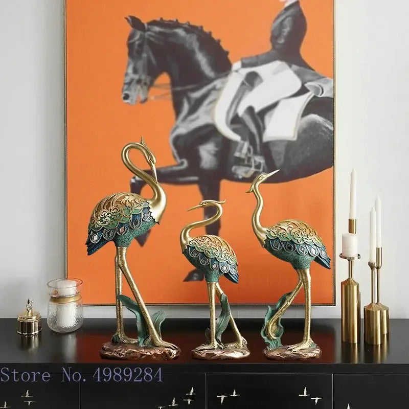 Ornate teal and gold crane bird sculpture with intricate patterns decorative living room decor decorbites crane bird
