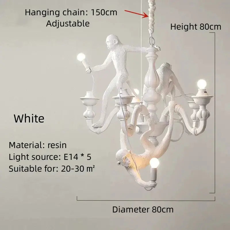 Ornate white resin monkeys pendant chandelier with sculpted dynamic poses and five e14 sockets for living room decor