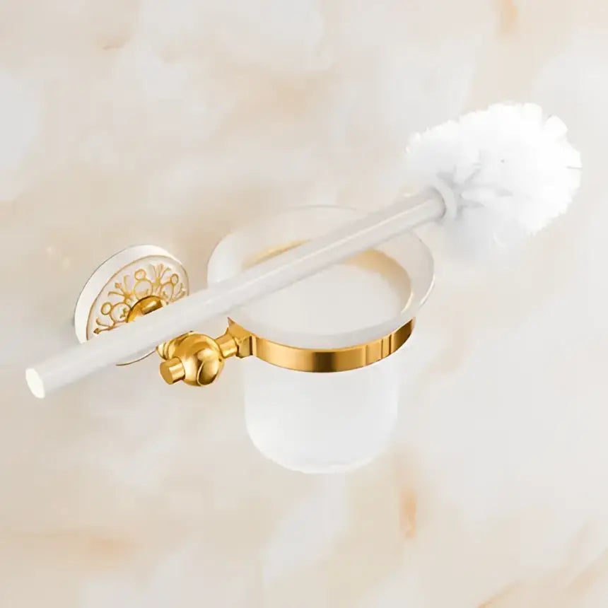 Ornate white and gold decorbites bath hardware set with frosted glass toilet brush holder and circular wall mount
