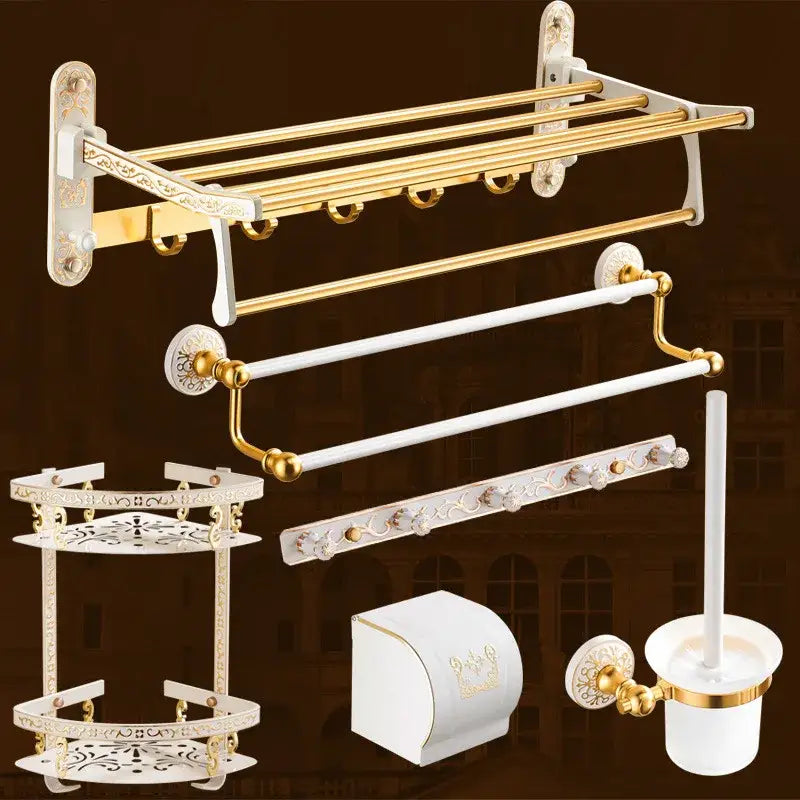 Ornate white and gold bath hardware set with intricate floral designs for elegant decorbites bath hardware decor