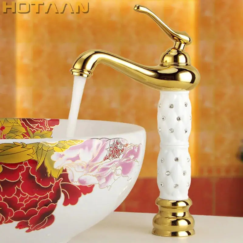 Ornate white and gold brass basin faucet with embedded crystals for bathroom sink decorbites basin faucet design