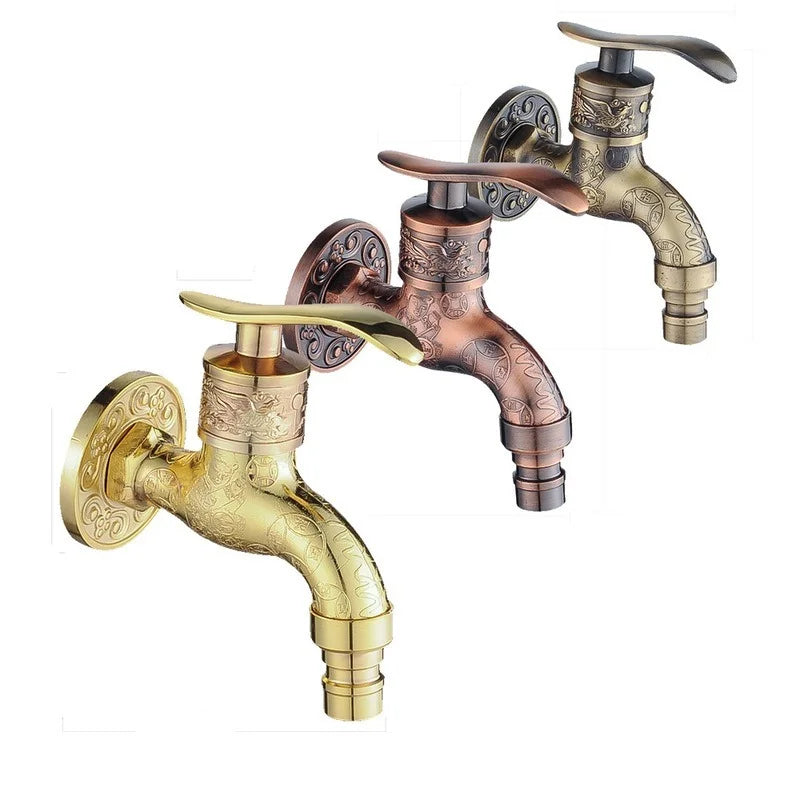 Two ornate wall mounted outdoor faucets in polished gold and antique bronze zinc alloy with floral carving details