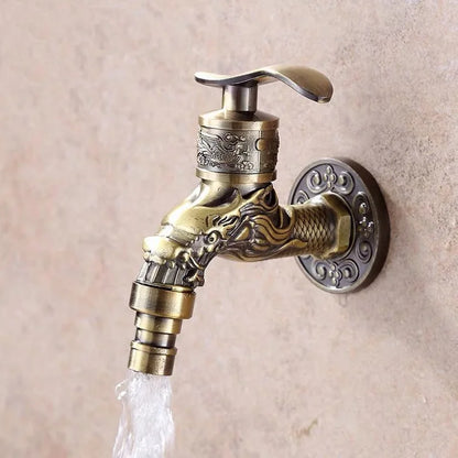 Antique brass wall mounted outdoor faucet with dragon carving, intricate engraving, and vintage zinc alloy finish