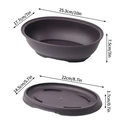 Dark gray oval ceramic bonsai pot with matching saucer designed for succulent plants pots and outdoor garden use