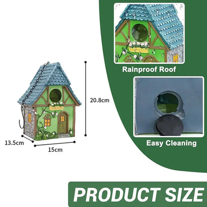 DecorBites™ small birds resin birdhouse with blue tiled roof and stone textured walls for outdoor hanging resin use