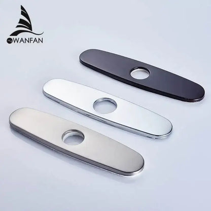Three sleek oval decorbites deck plate faucet covers in black and chrome finishes from wanfan for kitchens