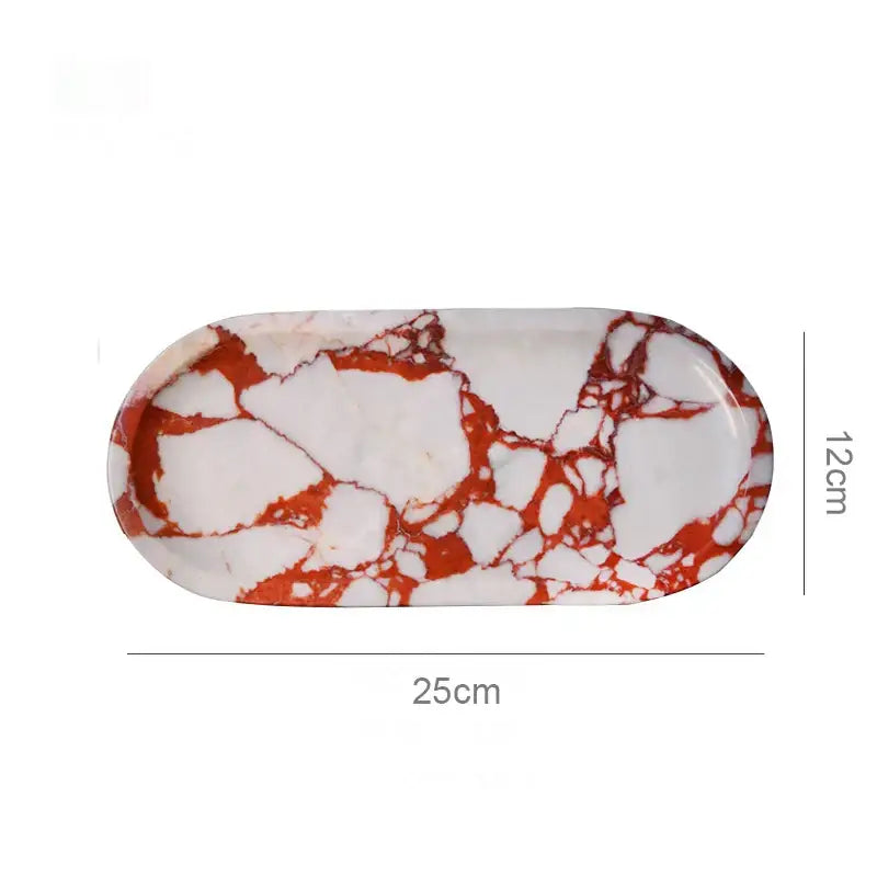Oval white calacatta marble vanity tray with vibrant red marble pattern by decorbites for bathroom soap dish