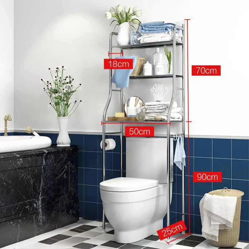 Decorbites 3-tier silver metal storage shelf 70cm tall 50cm wide for vertical space and toilet storage