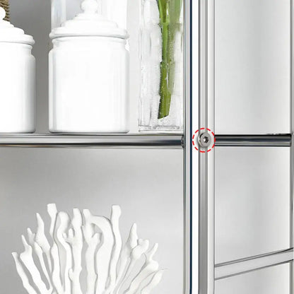 Silver-toned metal hinge on a modern cabinet door of the decorbites 3-tier over toilet metal storage shelf for vertical space
