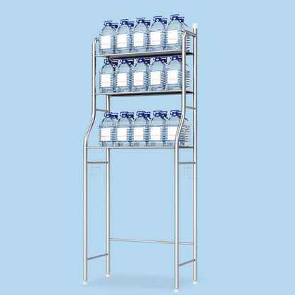 DecorBites™ stainless steel 3-tier storage shelf holding clear bottles for efficient toilet storage and vertical space use