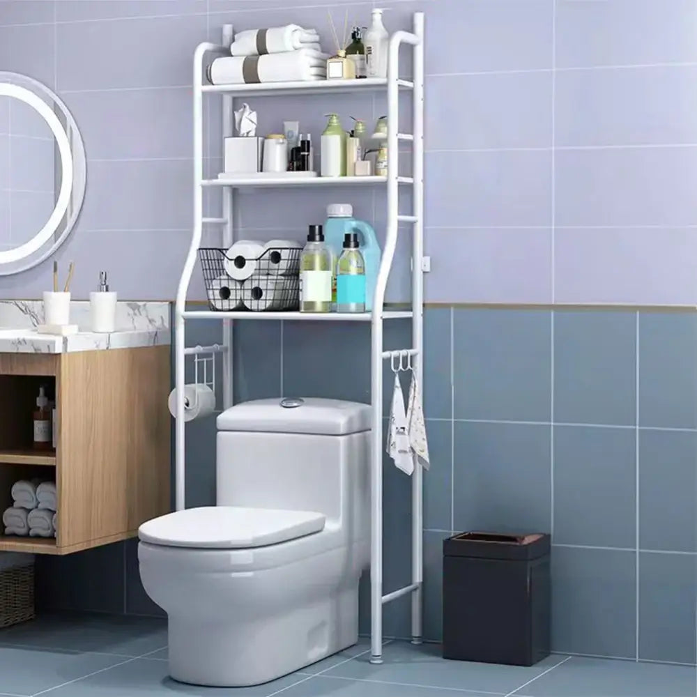 White metal 3-tier decorbites storage shelf with wire basket and hooks for vertical space toilet storage