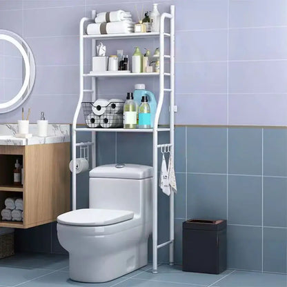 White metal 3-tier decorbites storage shelf with wire basket and hooks for vertical space toilet storage