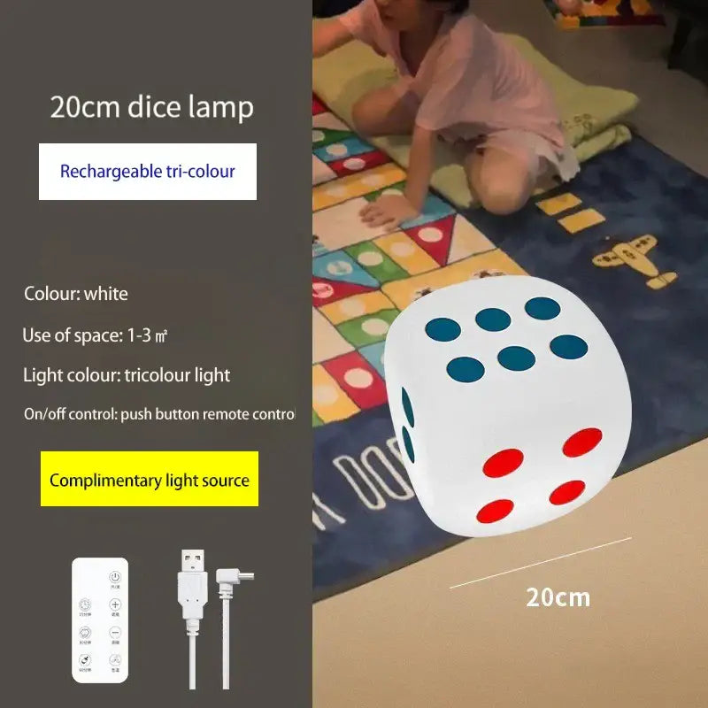 White 20cm oversized dice night lamp with blue and red dots featuring rechargeable tri-colour lighting and colorful remote control